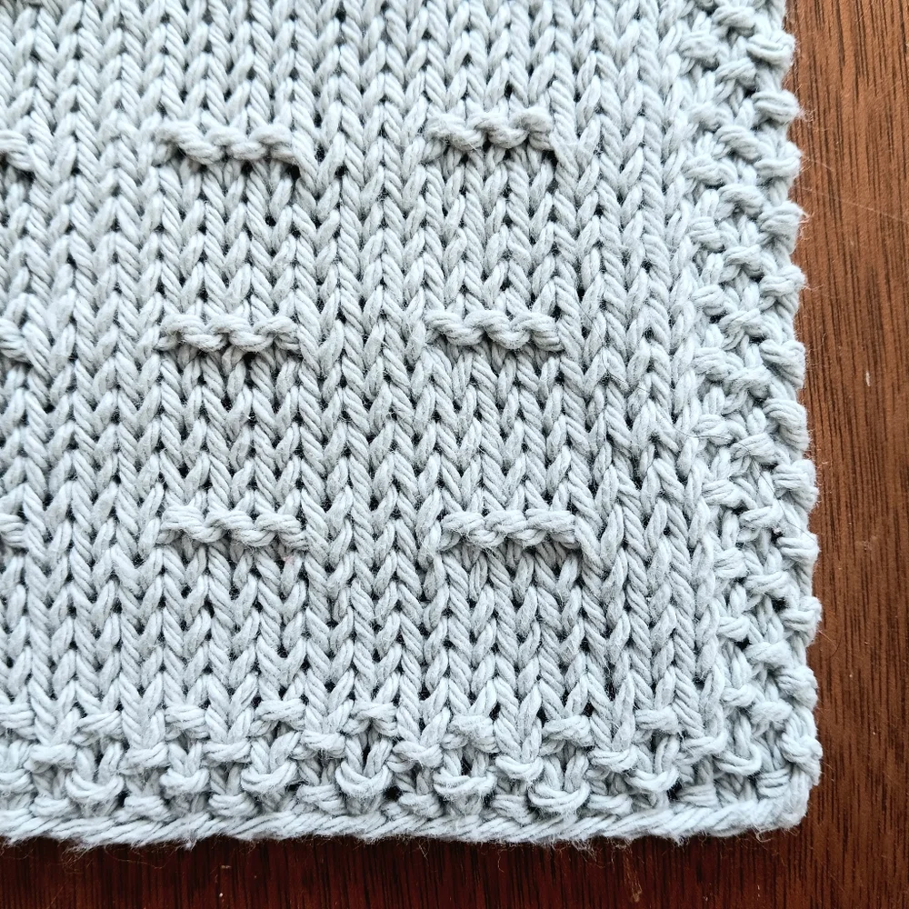 Hand Crafted Hand Knit Light Silver Gray Textured Dash Stripe Cotton Hand Towel
